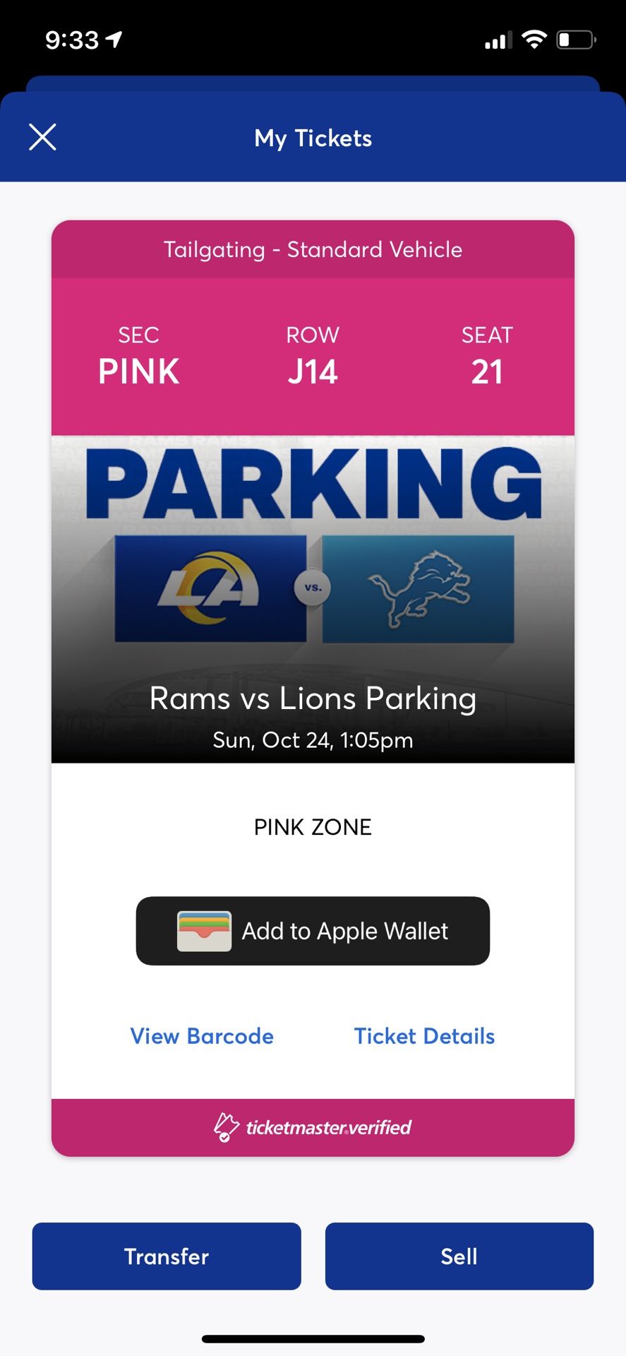 Los Angeles Rams Vs Detroit Lions Tailgate Parking Pass 