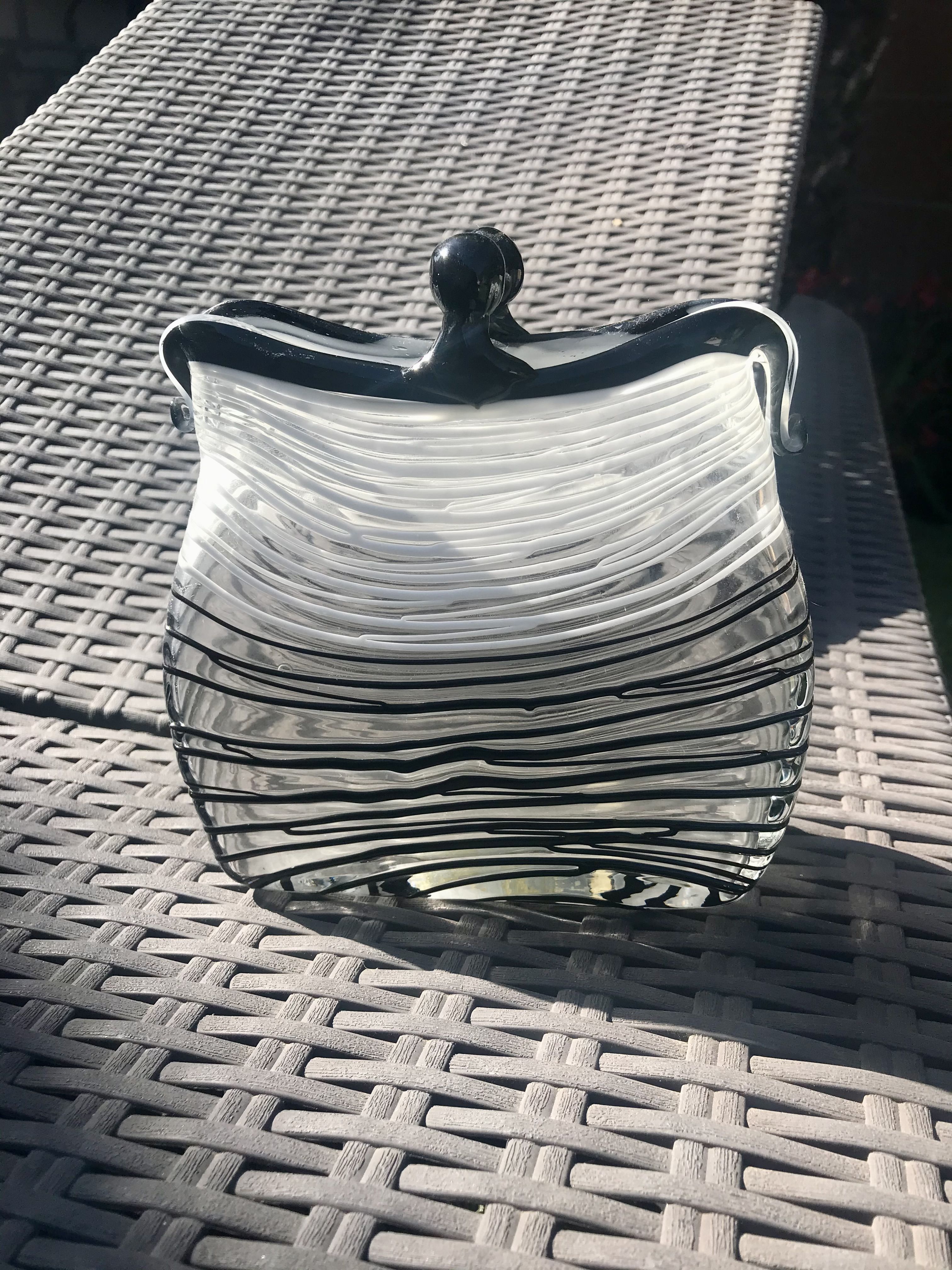 Murano Style Art Glass Handbag Art Vase Black Swirl and Clear