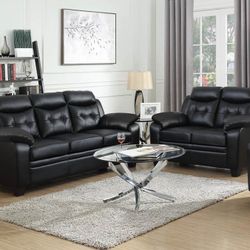 2 PIECE SOFA LOVESEAT COUCH SET BLACK LEATHERETTE SET-JUEGO SILLONES