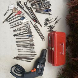 Vintage Diston Toolbox with Wood Working Drill Bits and Drill 