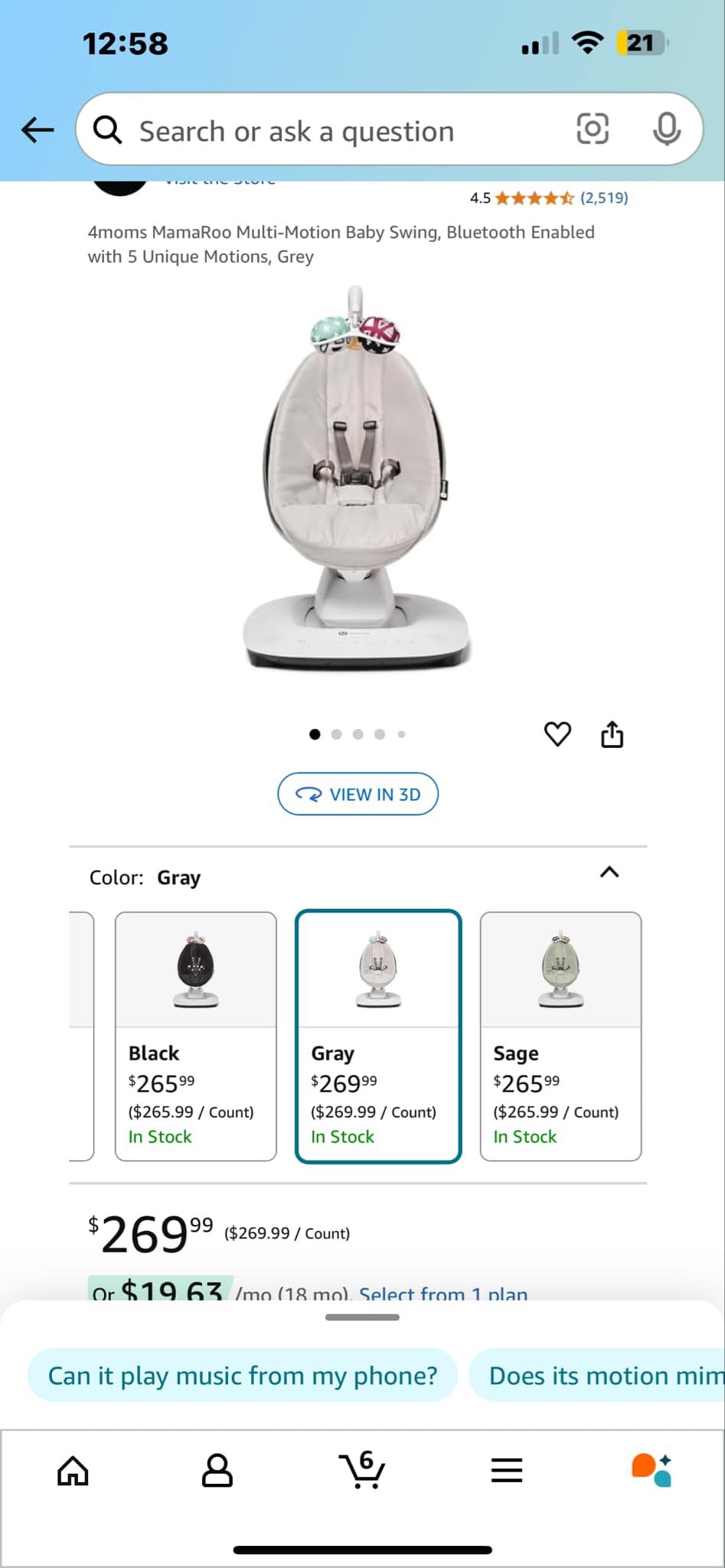 4moms MamaRoo Multi-Motion Baby Swing, Bluetooth Enabled with 5 Unique Motions,