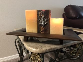 Wood tray with copper insert and 3 scented candles