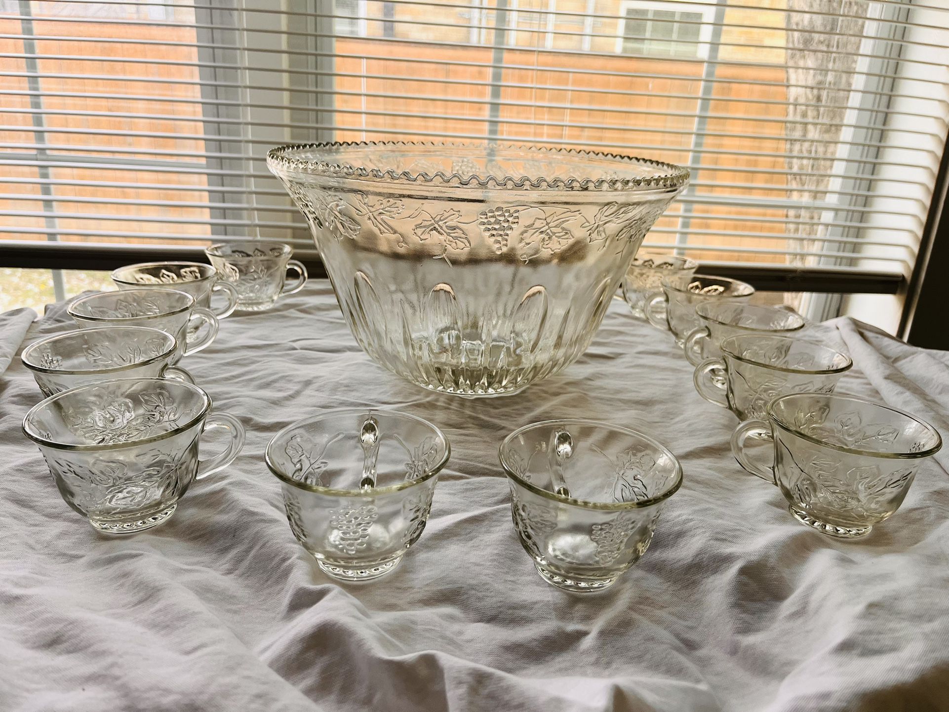 Antique Glass Crystal Punch Bowl Set