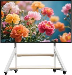 White TV Floor Stand with Wheels Shelves for 65 to 100 inch Large LCD/LED Flat Curved Screen up to 220lbs, Adjustable Heights TV Mount Stands VESA 800