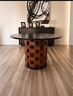 Round Dining Table with unique Woven Wood Pedestal Base