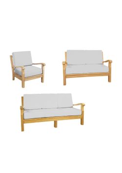 Brand new metal less teak outdoor deep seated seatings with SUNBRELLA outdoor cushion .