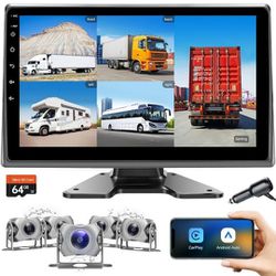 10-inch Car Monitor for RV Truck Trailer Tractor with Backup Side View 1080P Waterproof Cameras, Android 11 OS Built-in Wireless CarPlay Bluetooth WiF
