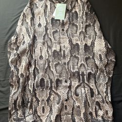 H&M Men's Medium Brown Beige Black Snake Print Long Sleeve Button-Up Shirt  