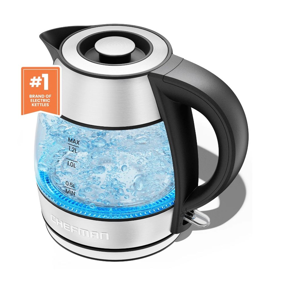 Chefman Rapid Boil 1.2L Electric Tea Kettle with Removable Lid - Stainless Steel, New