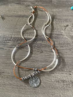 Leather and Silver Tube Necklace with Tree Charm