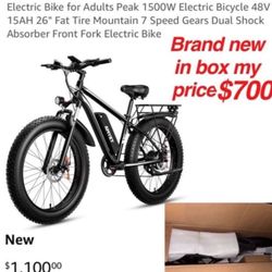 New in box Electric Bike for Adults Peak 1500W Electric Bicycle 48V 15AH 26" Fat Tire Mountain 7 Speed Gears Dual Shock Absorber Front Fork Electric B