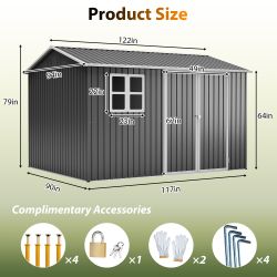 10'x8' Oversized Steel Storage Shed with Window, Lockable Doors & Sloped Roof, Heavy Duty Outdoor Tool Shed for Garden, Patio, Backyard, Lawn - Dark G