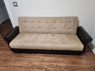 Versatile Light Tan Futon with Removable Faux Leather Arms