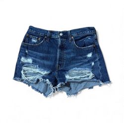 Levi’s 501 Size 29 Button Fly High Rise Jean Shorts Raw Hem Blue Distressed