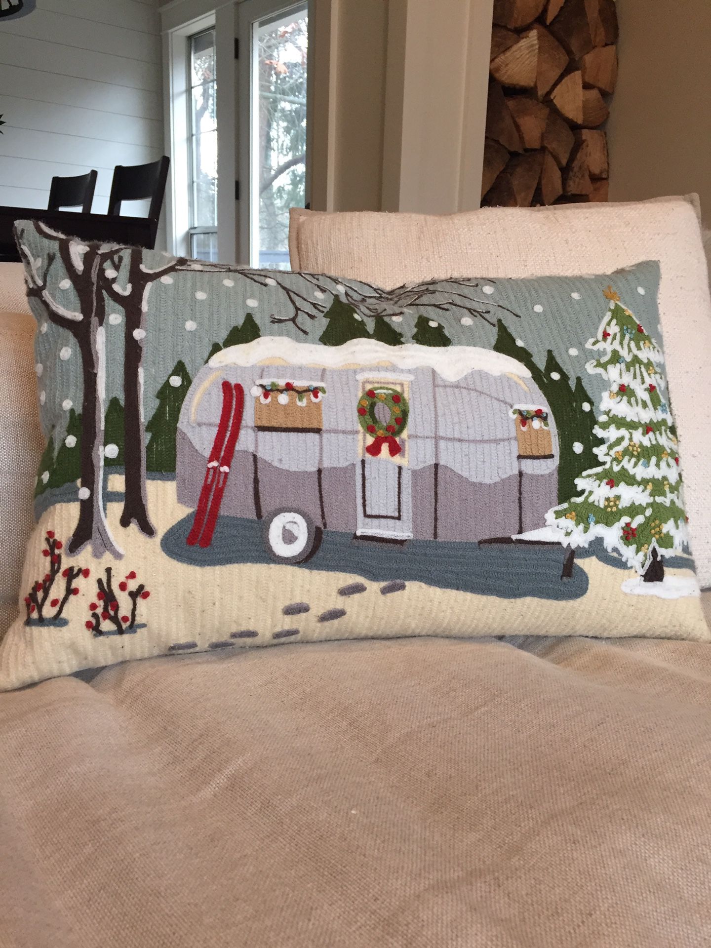 Pottery Barn Airstream Christmas Camper Crewel Embroidered Pillow Cover