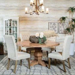 Dining Set 5 Pc Rustic Smoke Finish, Oatmeal Fabric, Solid Pine Wood And Mahogany, Others. Button Tufted. 60"dia x30"h. New Especial Price