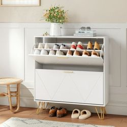 YouTrend White Shoe Cabinet with 2 Flip Drawers,Modern Narrow Shoe Organizer W/ W Pattern for Entryway

New Assembled It Already 