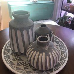 Gray And  White Vases With Matching  Platter 