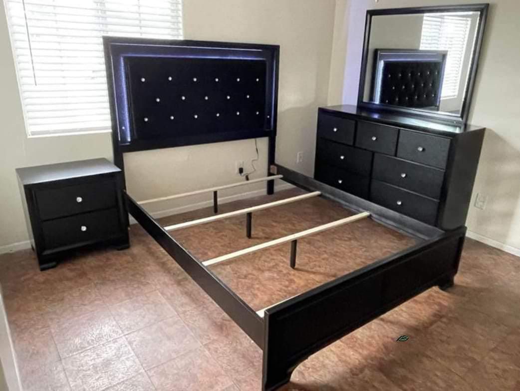 Black LED Bedroom Set Bed, Dresser, Mirror, Nightstand 