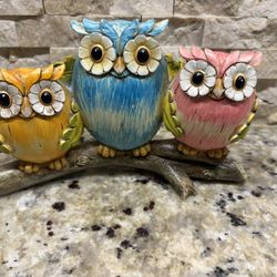 Owls On Branch Wood Look Resin Figurine Decor Colorful Statue Figure