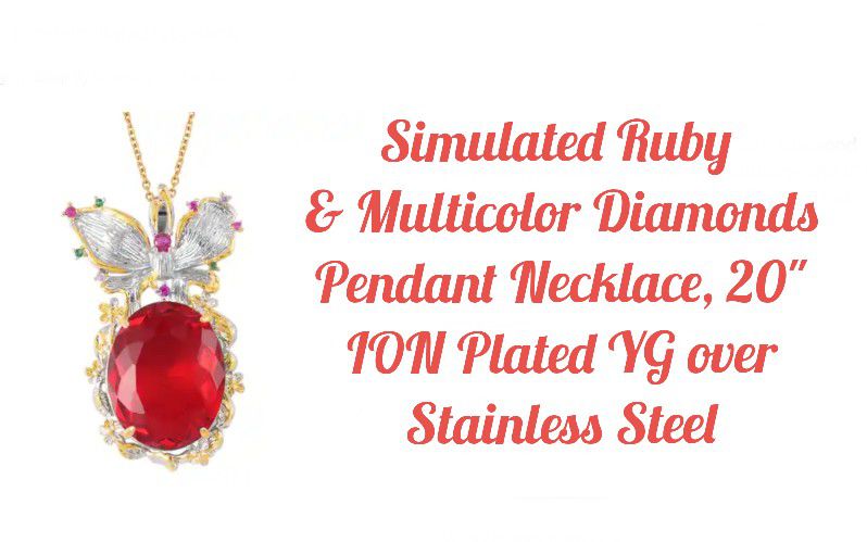 Simulated Ruby & Diamonds Butterfly Necklace, ION Plated YG