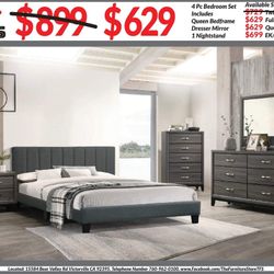 4pc Bedroom Set $629 Queen $699 Eastern King/California King Includes bedframe Dresser mirror nightstand Gray Bedroom Set