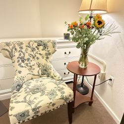 Blue Floral Toile Wingback Accent Chair with Nailhead Trim