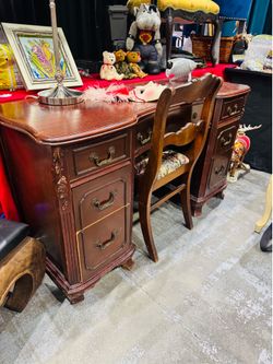 Vintage Chippendale-style double pedestal kneehole desk