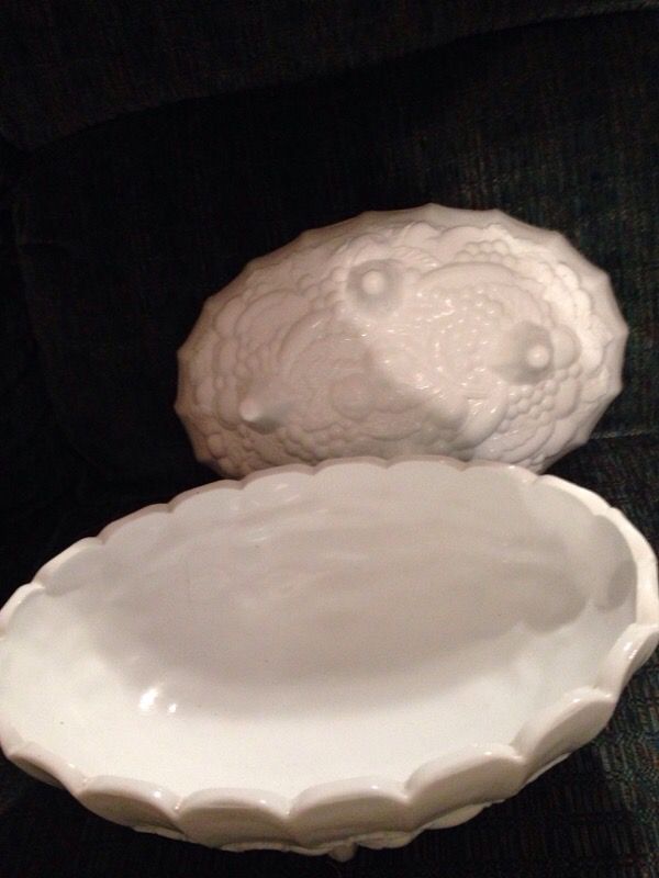 Milk glass harvest oval footed bowls