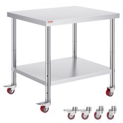 843#Stainless Steel Work Table 36 x 30 x 34 Inch, 700 LBS Load Capacity with 4 Wheels, 3 Adjustable Height Levels, Heavy Duty Food Prep Worktable for 