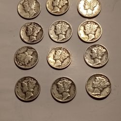12 Silver Mercury Dimes Mixed Dates 90% Silver 