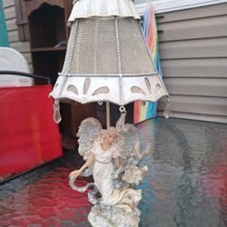 HOME INTERIORS ANGEL/FAIRY TEA LAMP/LIGHT....CERAMIC... METAL MESH LAMP SHADE WITH CRYSTAL DANGLING TEARDROPS