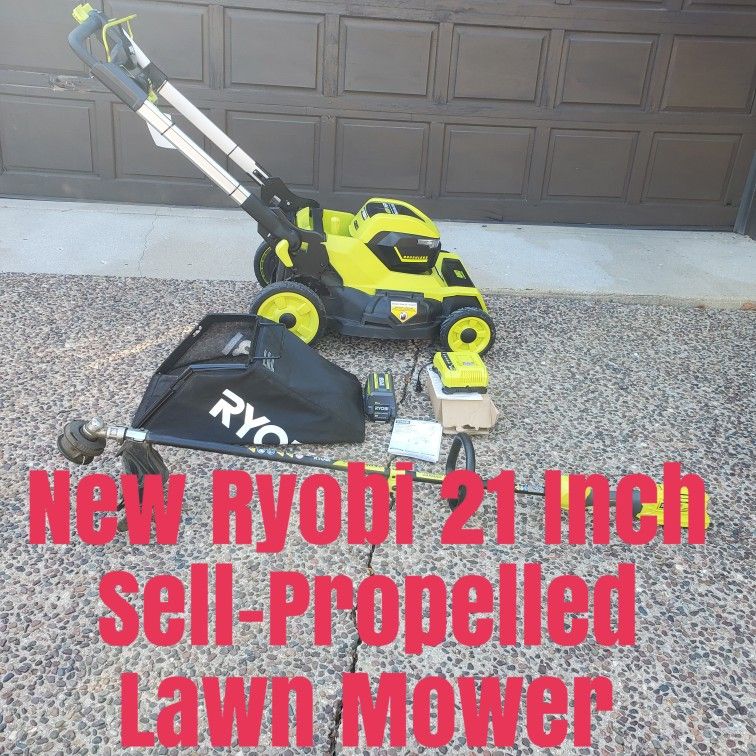 New Ryobi 21 Inch Self Propelled Cordless 40 Volt Brushless Lawn Mower & Mulcher New 6ah Battery & Charger Plus One Used Detachable Trimmer