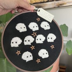 Halloween Cross Stitched Embroidered Skull Ghost Head Wall Art 8in