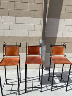 Ralph Lauren Style Spanish Wrought Iron and Leather Bar Stools - Set of 3 $300