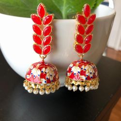 Hand  Painted Meenakari Earrings In Beautiful Red Shade 