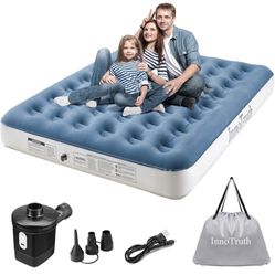 InnoTruth Queen Camping Air Mattress Bed, Rechargeable Handheld Electric Pump, Raised Elevated Blow Up Mattresses, Portable and Foldable Bed for Home 