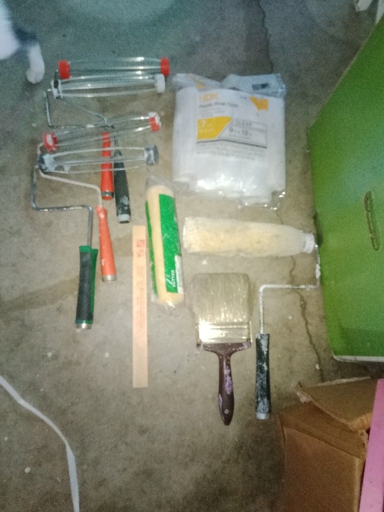 Six Drop Cloths Five Rollers To Sponge Rollers Paint Brush