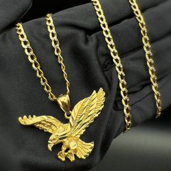 10k solid yellow gold eagle bird pendant & 23” curb chain necklace 8.3 grams 3.5mm