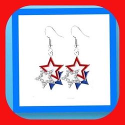 New Gorgeous Rhinestone Enamel Patriotic American Triple Star Earrings  4th Of July