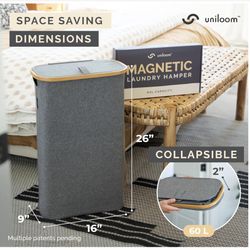 UNILOOM Slim, Laundry Hamper With Lid And Bamboo Rim, 60 L