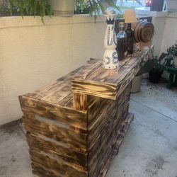  Rustic Burnt Wood Bar + 2 Matching Stools – Ready for Backyard Setup