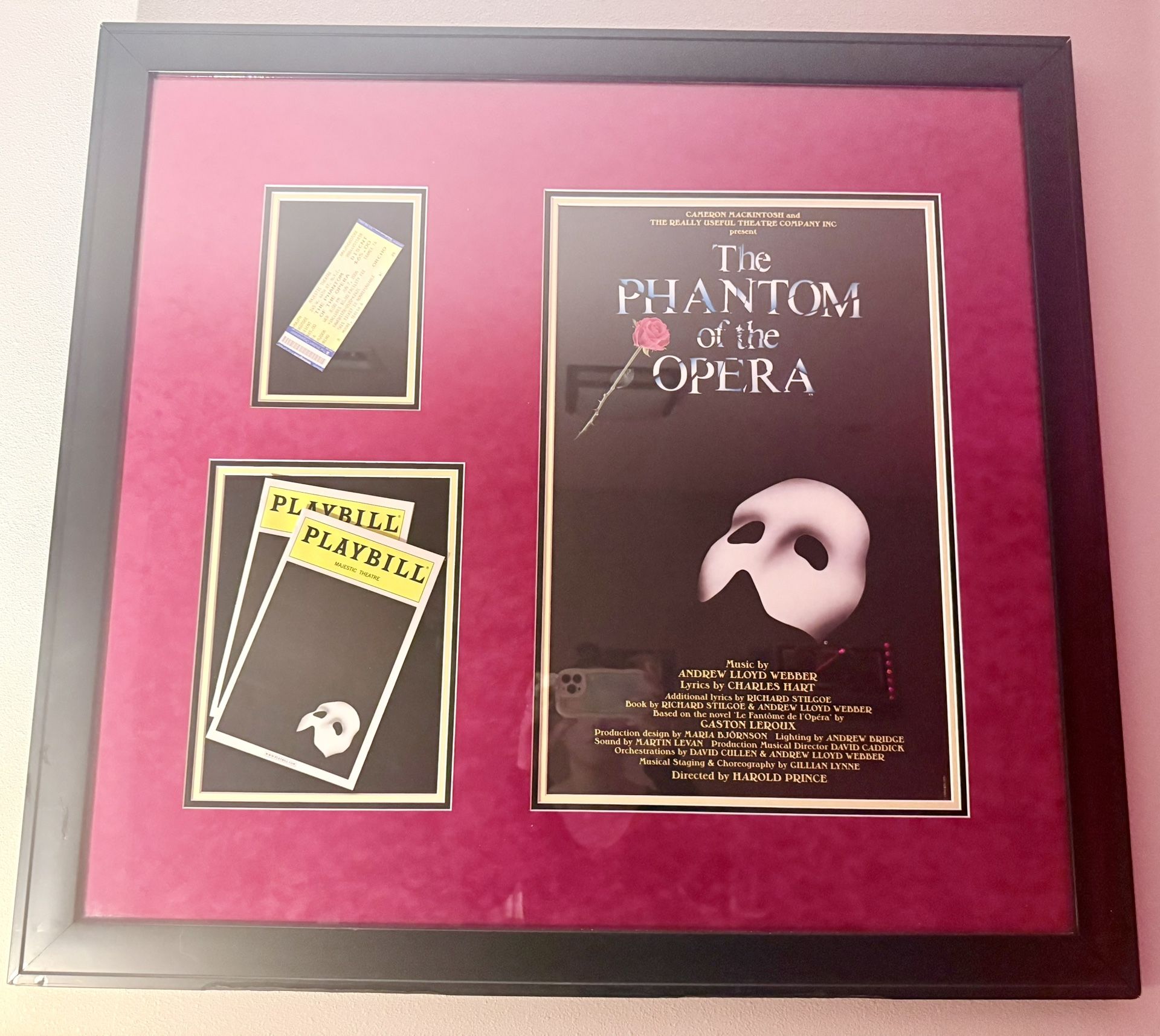 One Of A Kind**Phantom Of the Opera Custom Framed Movie Poster, Playbillx2, AND NYC ticket