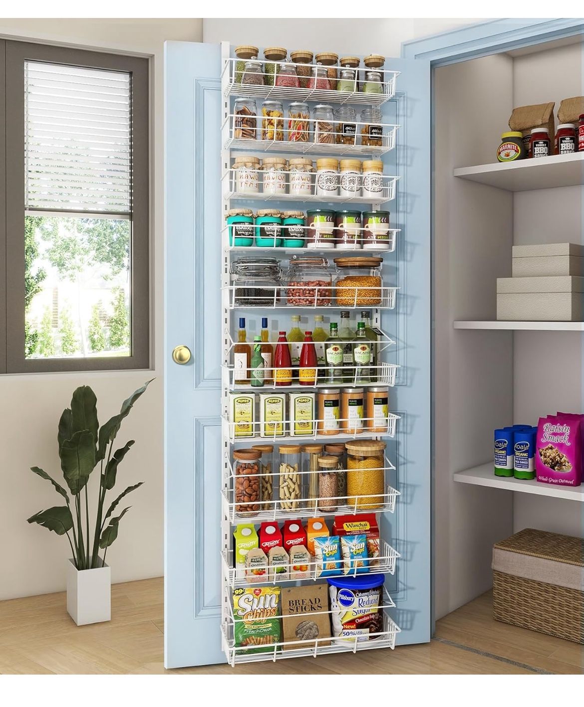 White 10-Tier Over The Door Pantry Organizer, Pantry Organization and Storage, Metal Hanging Adjustable Basket, Wall Spice Rack Seasoning Shelves, Hom
