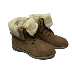 Women’s Tan Stylish Combat Boots W/ Fold Down Fur Cuff (Size: 5)