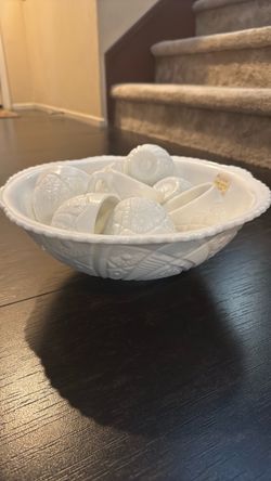 Milk Glass Punch Bowl Set with Cups