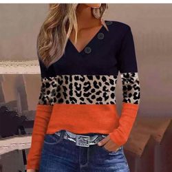 Women Fashion Loose Casual Blouses Long Sleeve Leopard Print Floral Print V Neck Spring And Autumn Tops. Size: XL