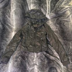 Faux leather Jacket With Removable Hood In Dark Gray