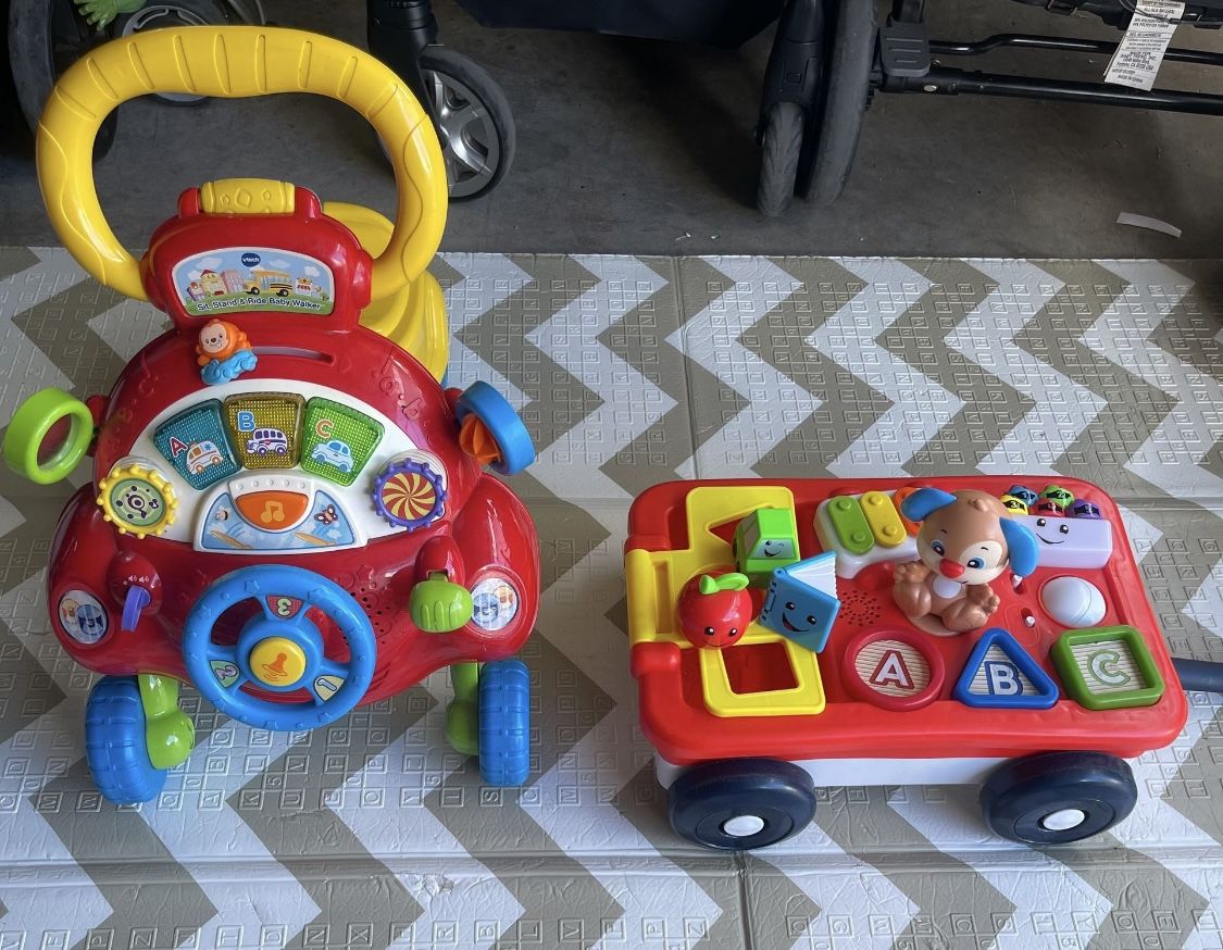 VTECH PUSH CAR AND FISHER PRICE LEARNING WAGON