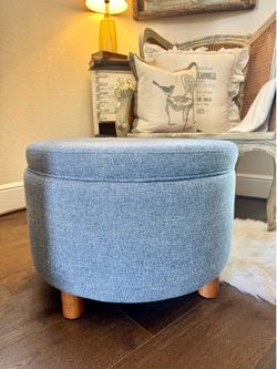 Round Storage Ottoman with Lid – Blue Fabric - Extra Storage! Toy Box! Blanket Storage! Dorm!